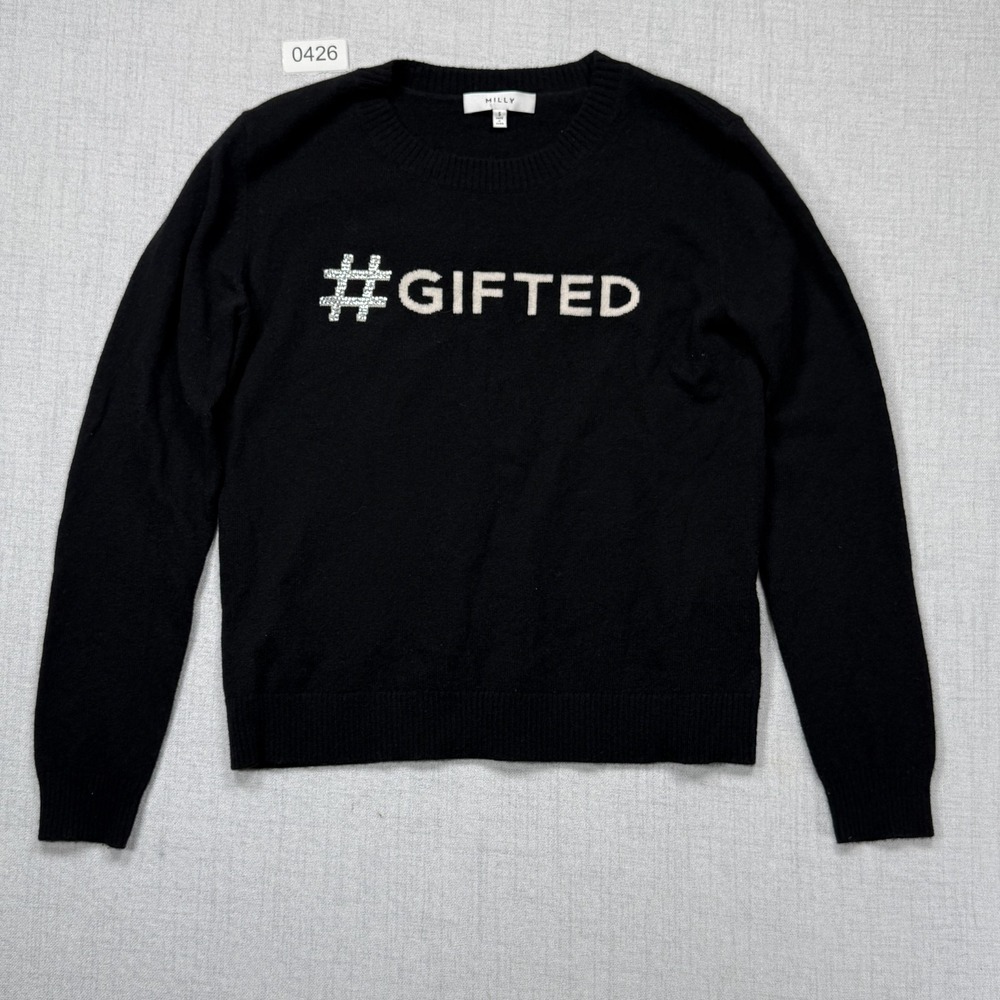 Milly Cashmere Sweater Black Crewneck #GIFTED Glass Beads Embellished Size S